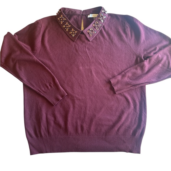 Sioni Sweaters - Sioni Embellished Collar Burgundy Sweater Lg
